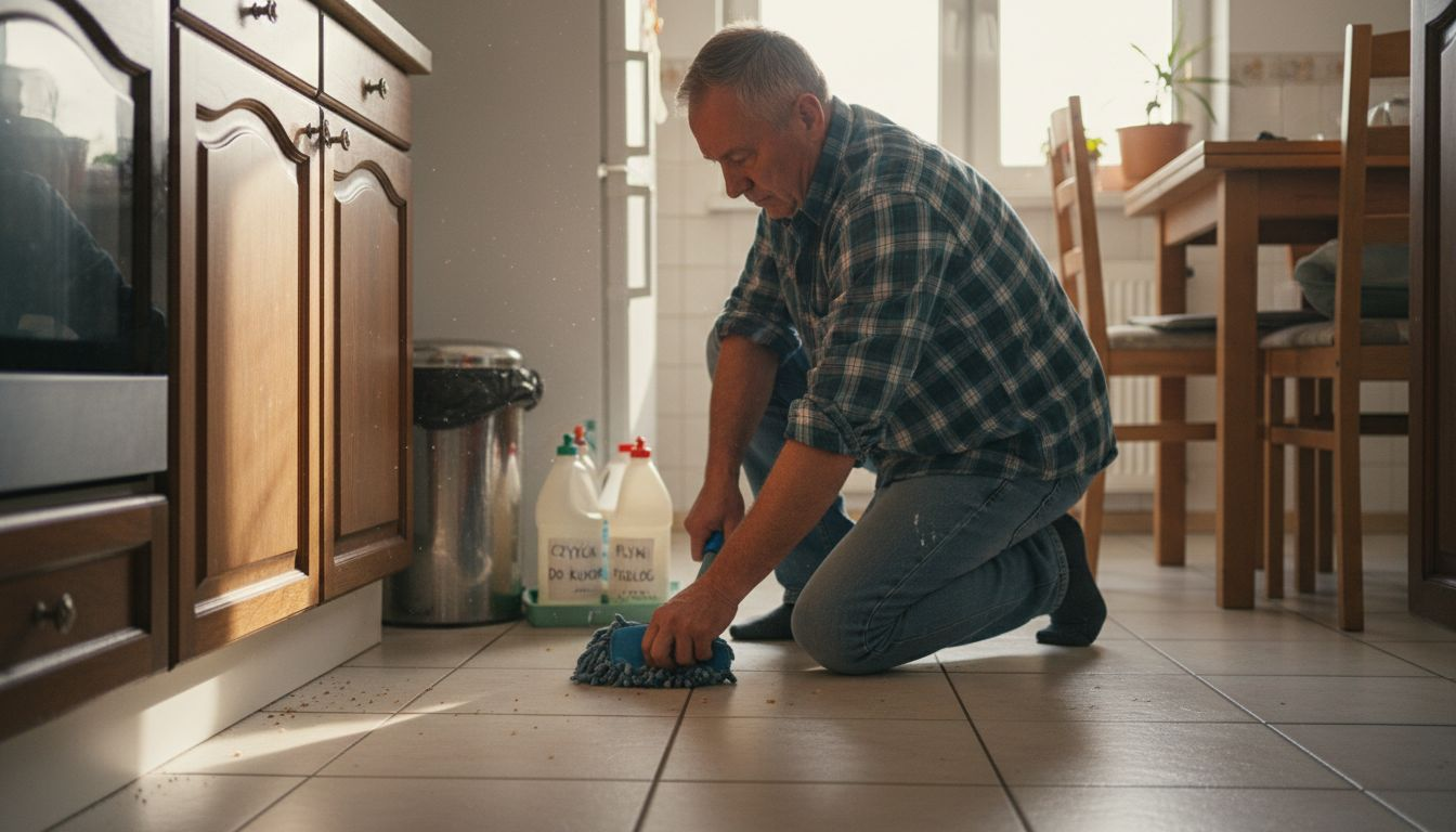 Mężczyzna sprząta kuchnię przy użyciu mopa wielokrotnego użytku.