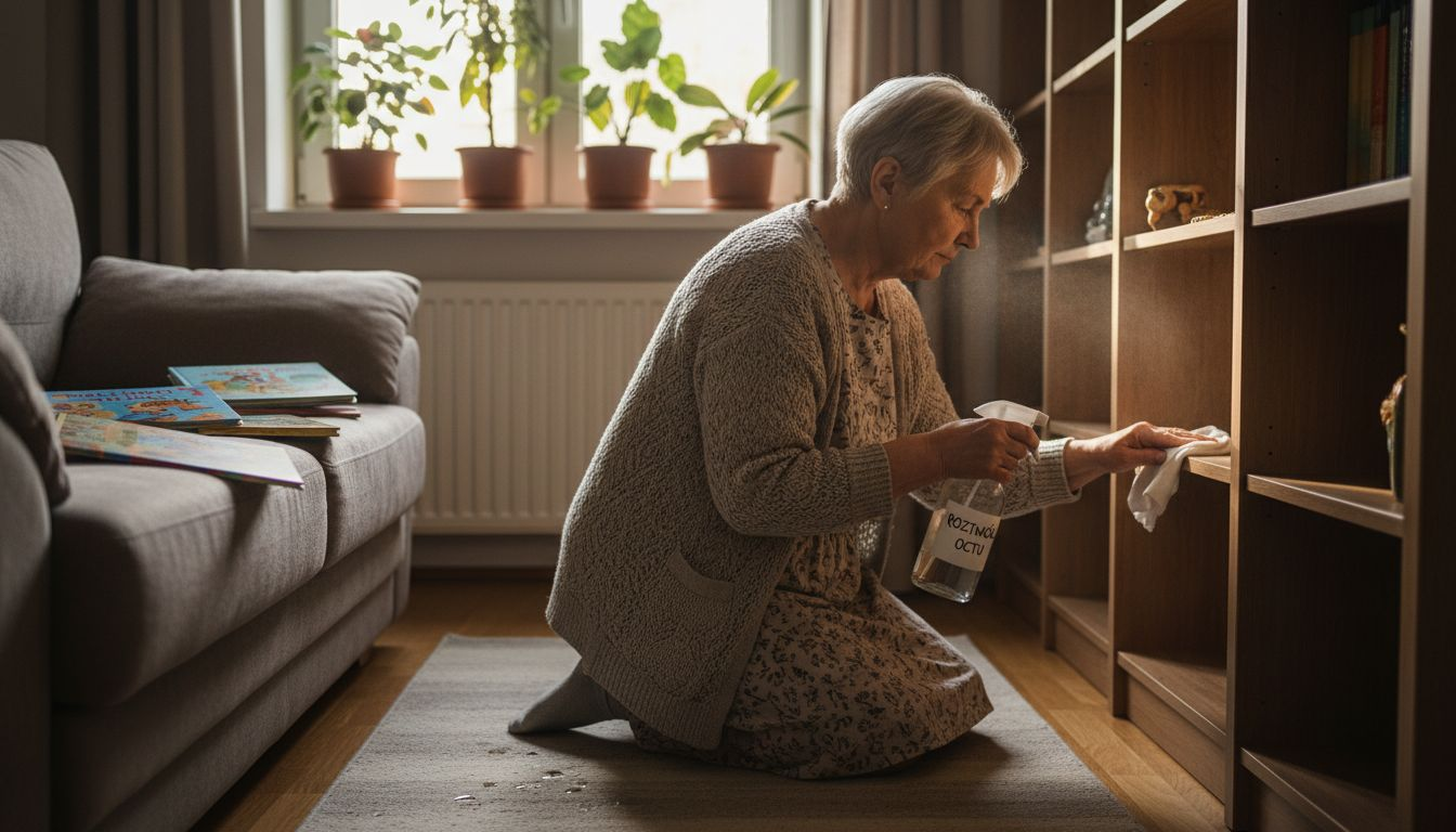 Pani sprząta salon, korzystając wyłącznie z ekologicznych środków czystości.