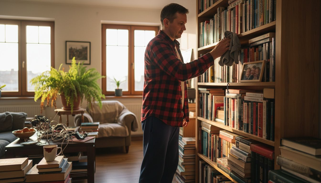 Mężczyzna przeciera kurz z półki, używając wielorazowej ściereczki.