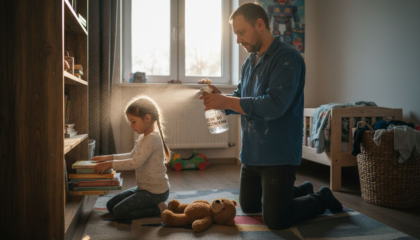Tata sprząta półkę, używając ekologicznego sprayu.