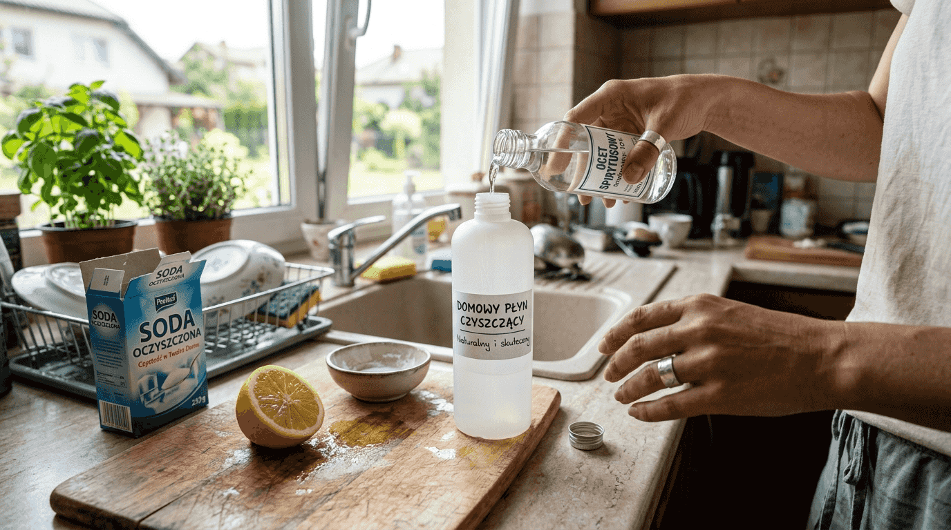 Hands making eco-friendly cleaner in kitchen
