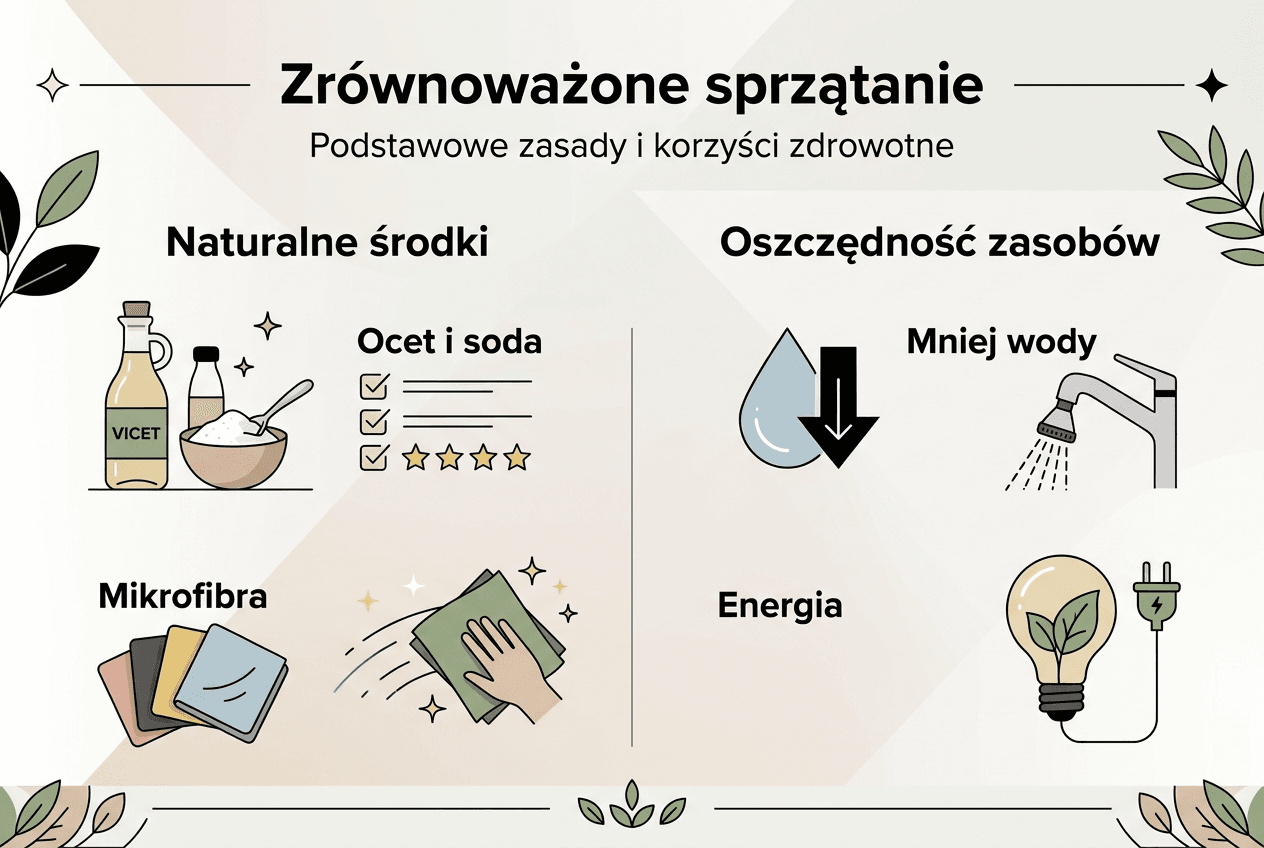 Infografika pokazująca kluczowe zasady ekologicznego sprzątania