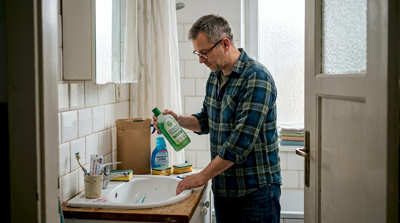 Mężczyzna dokładnie czyta etykiety środków czystości, zanim zdecyduje się na zakup.