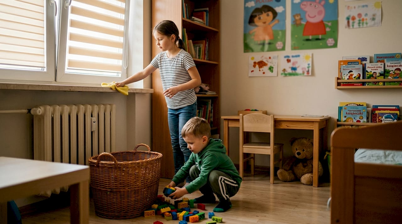 Dzieci regularnie sprzątające swój pokój zgodnie z ustalonym grafikiem