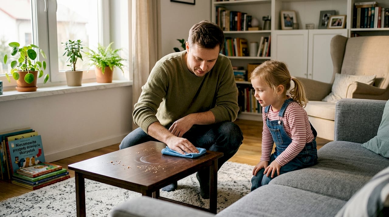Tata ściera kurz z stołu, a obok bawi się jego małe dziecko.