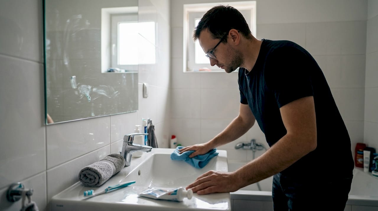 Mężczyzna przeciera umywalkę szmatką z mikrofibry.