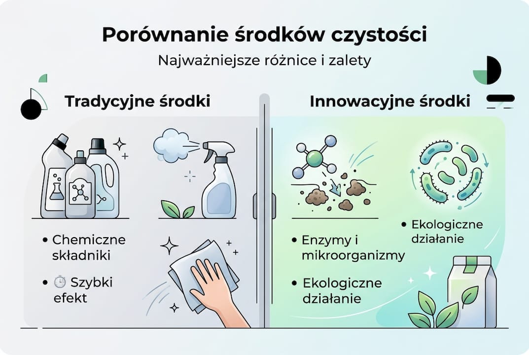 Grafika przedstawiająca zestawienie różnych produktów do sprzątania