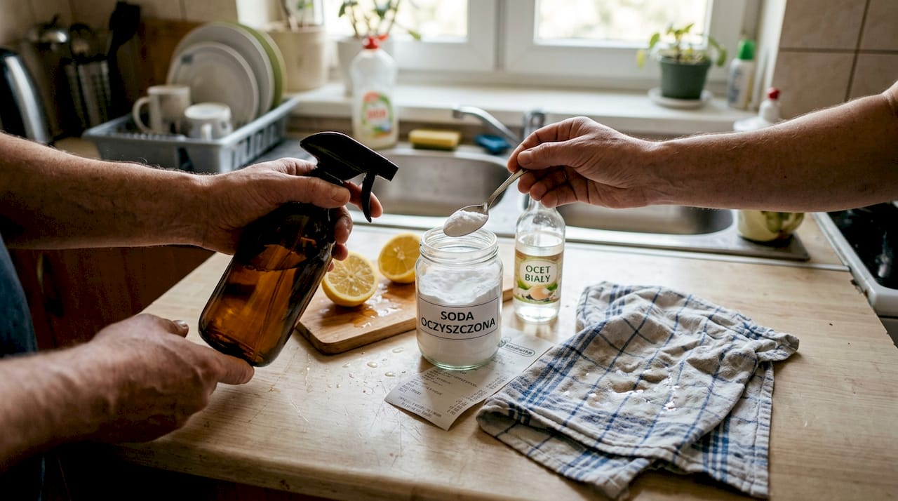 Naturalne środki do sprzątania ustawione na kuchennym blacie