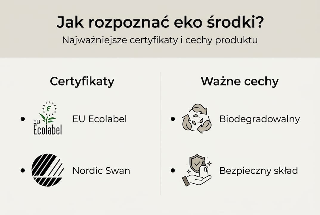 Na infografice znajdziesz najważniejsze kryteria, które muszą spełniać ekologiczne środki czystości, oraz informacje o certyfikatach potwierdzających ich przyjazność dla środowiska.
