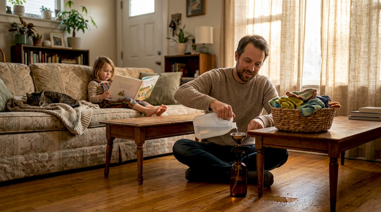 Tata uzupełnia ekologiczną butelkę ze spryskiwaczem w salonie.