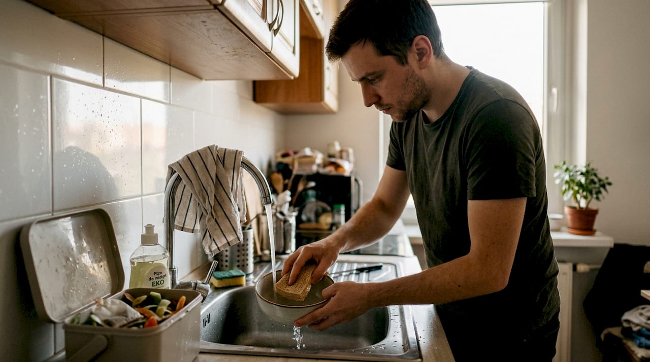 Mężczyzna zmywa naczynia przy użyciu ekologicznej gąbki.