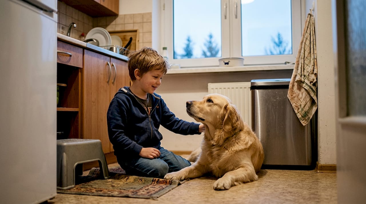 Mały brzdąc wesoło baraszkuje z psem na dywanie.