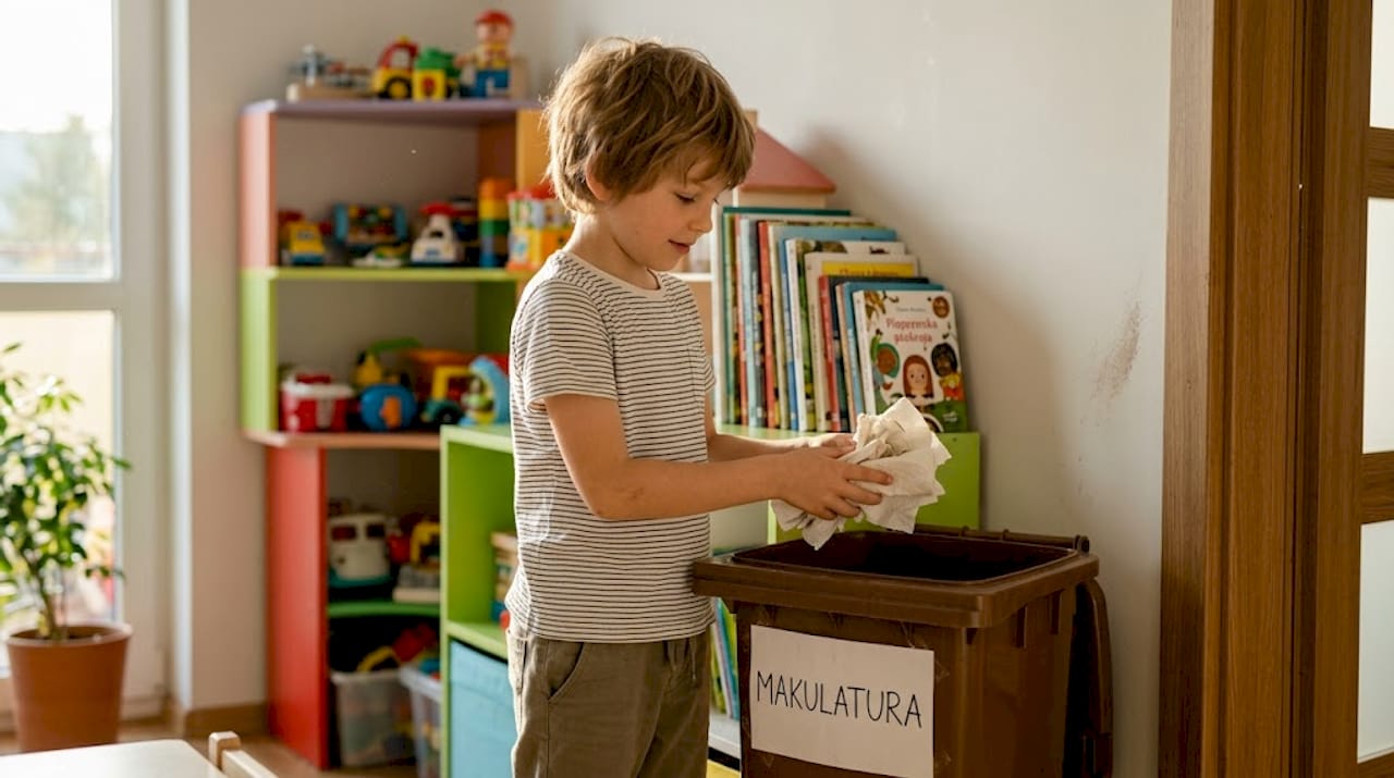 Dziecko segreguje śmieci w salonie.