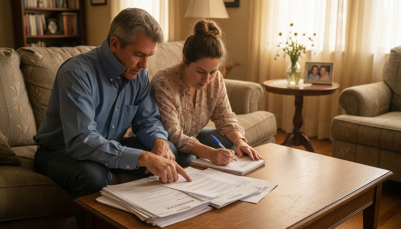 Family reviewing insurance paperwork in living room
