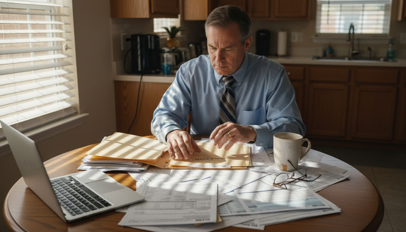 Man organizing insurance documents at kitchen table
