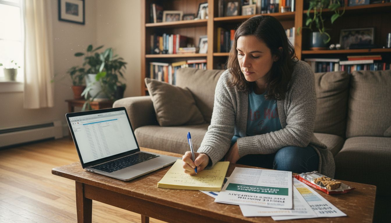 Woman comparing insurance policies at coffee table