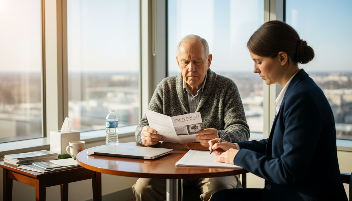 Elderly client consults life insurance advisor