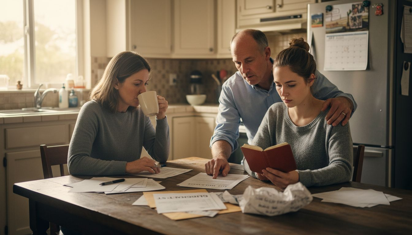 Family reviews life insurance documents at home