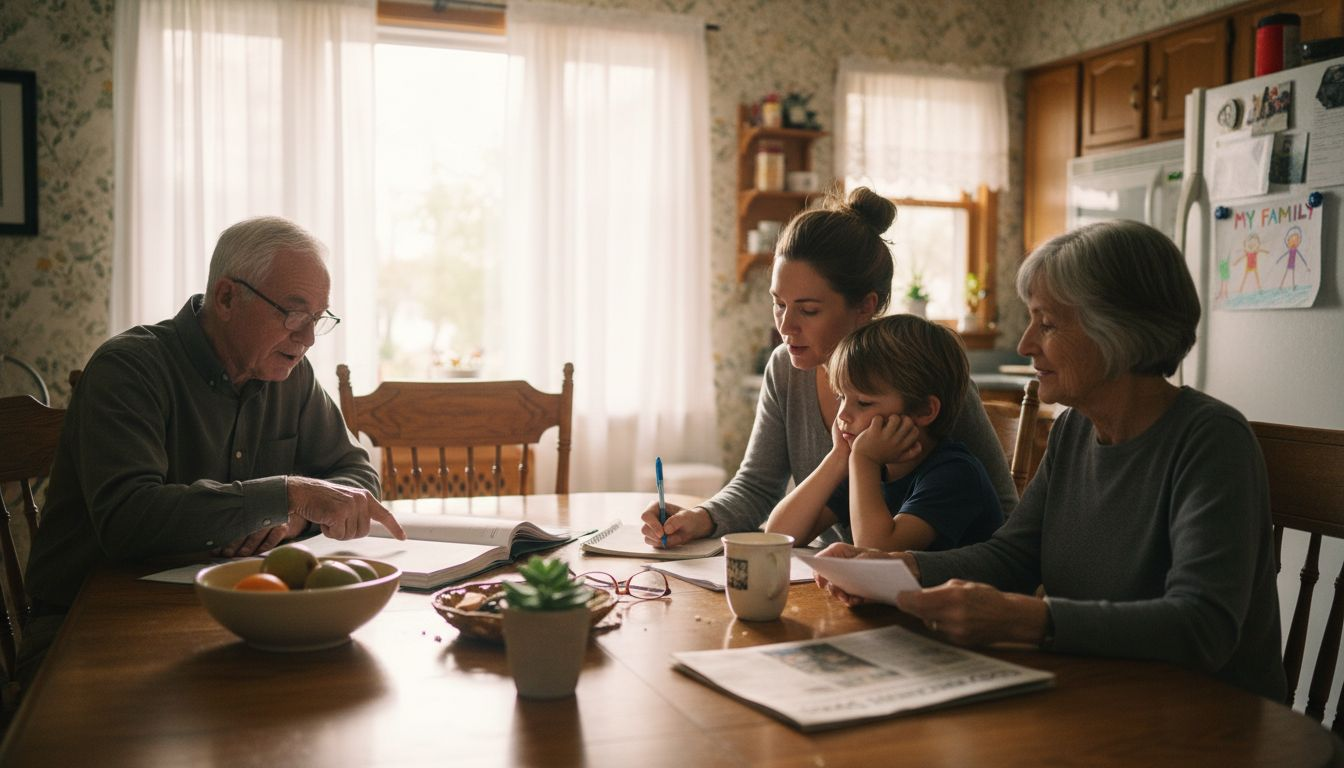 Family reviewing insurance papers at kitchen table