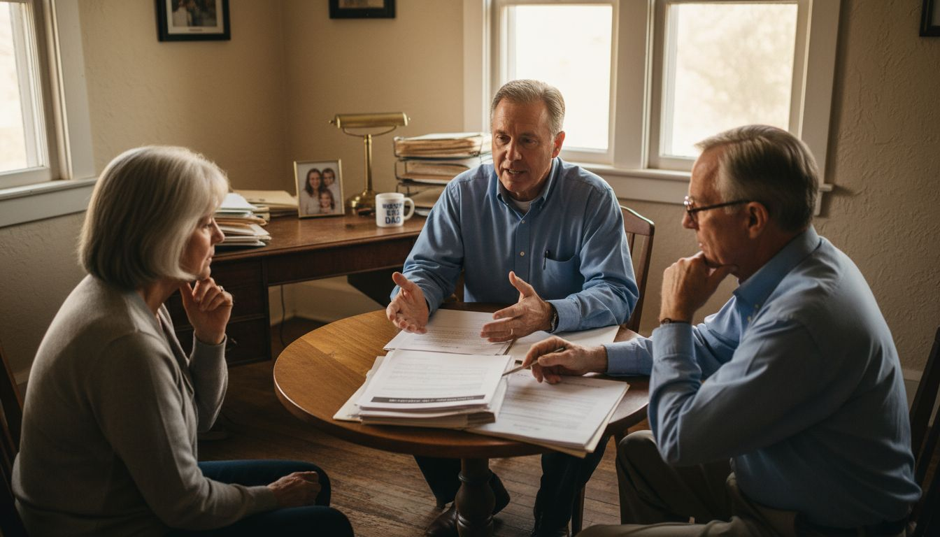 Agent explains policy to elderly couple in office