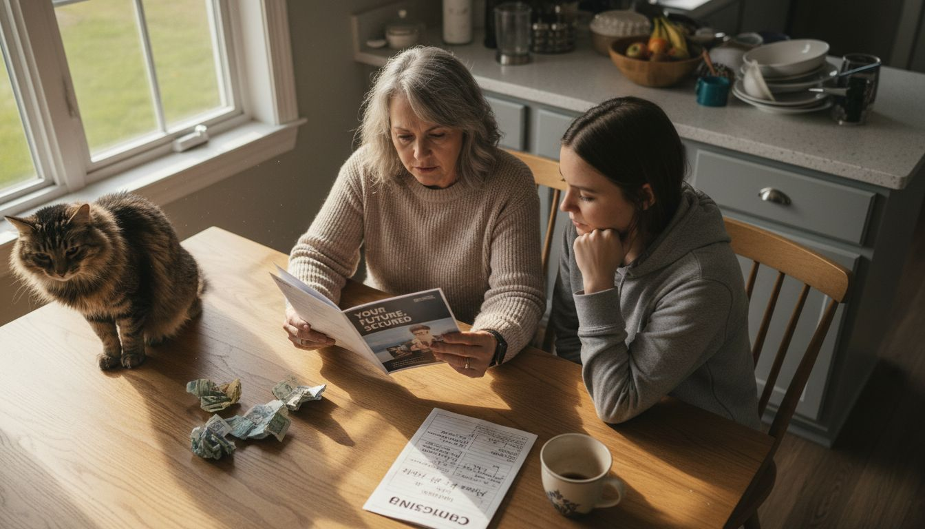 Mother and daughter review insurance at kitchen table