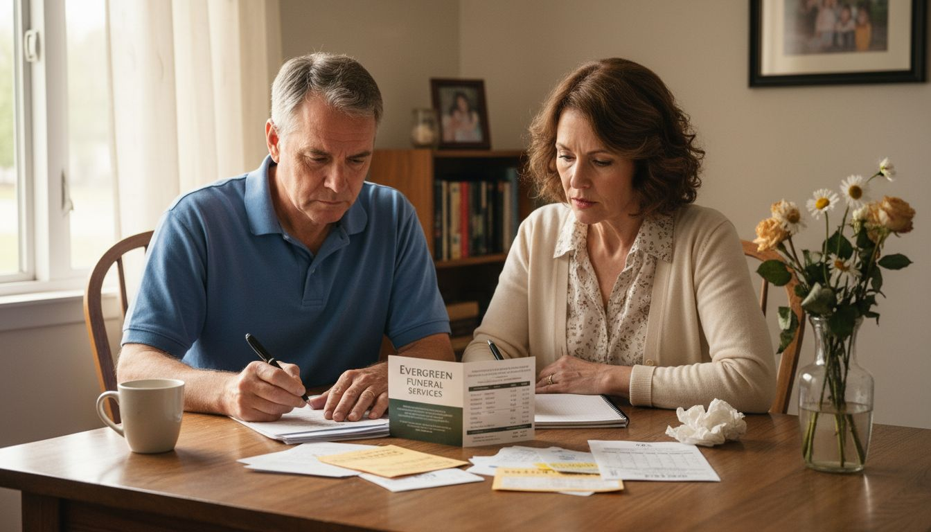 Couple planning finances over bills at table