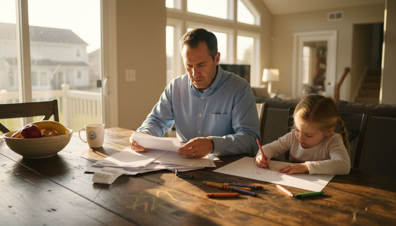 Father reviewing insurance at kitchen table