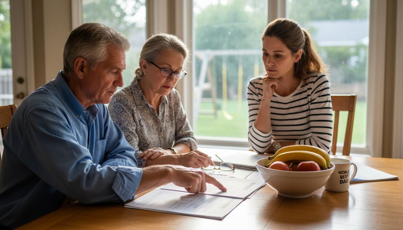 Family discusses insurance options at kitchen table