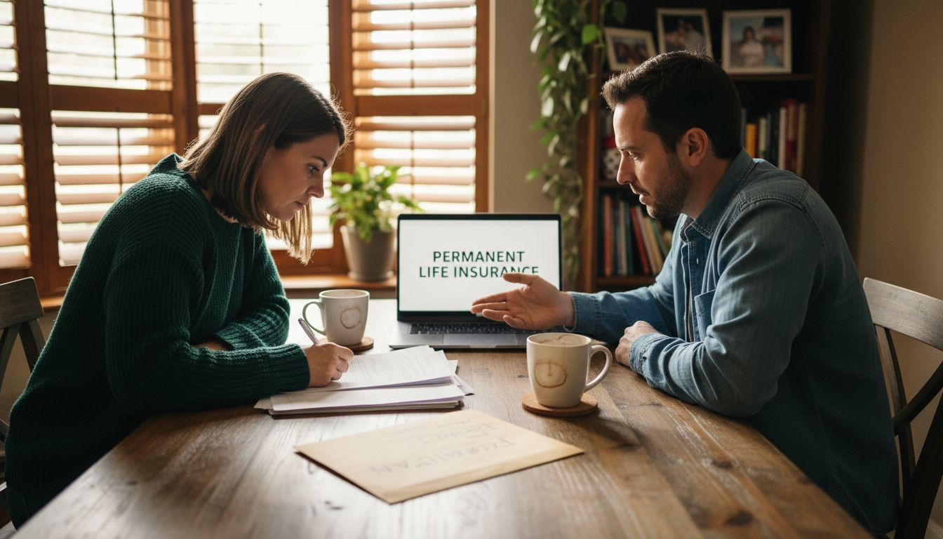Couple at kitchen table reviewing life insurance papers
