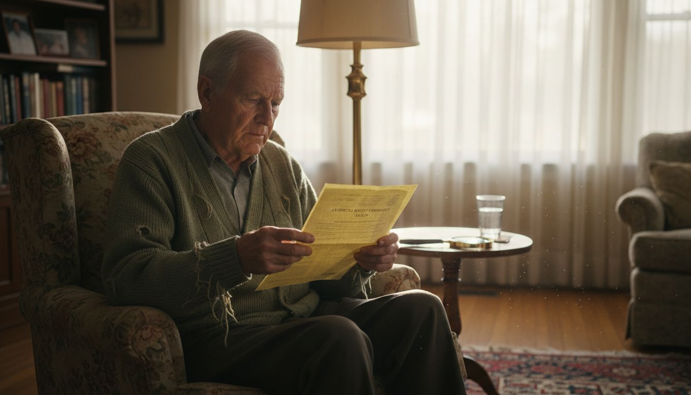 Senior man reading insurance policy document