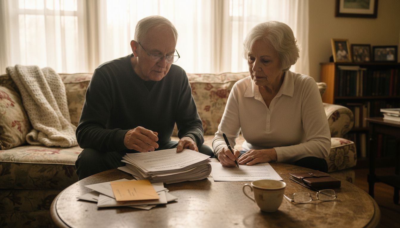 Senior couple reviewing insurance papers at home