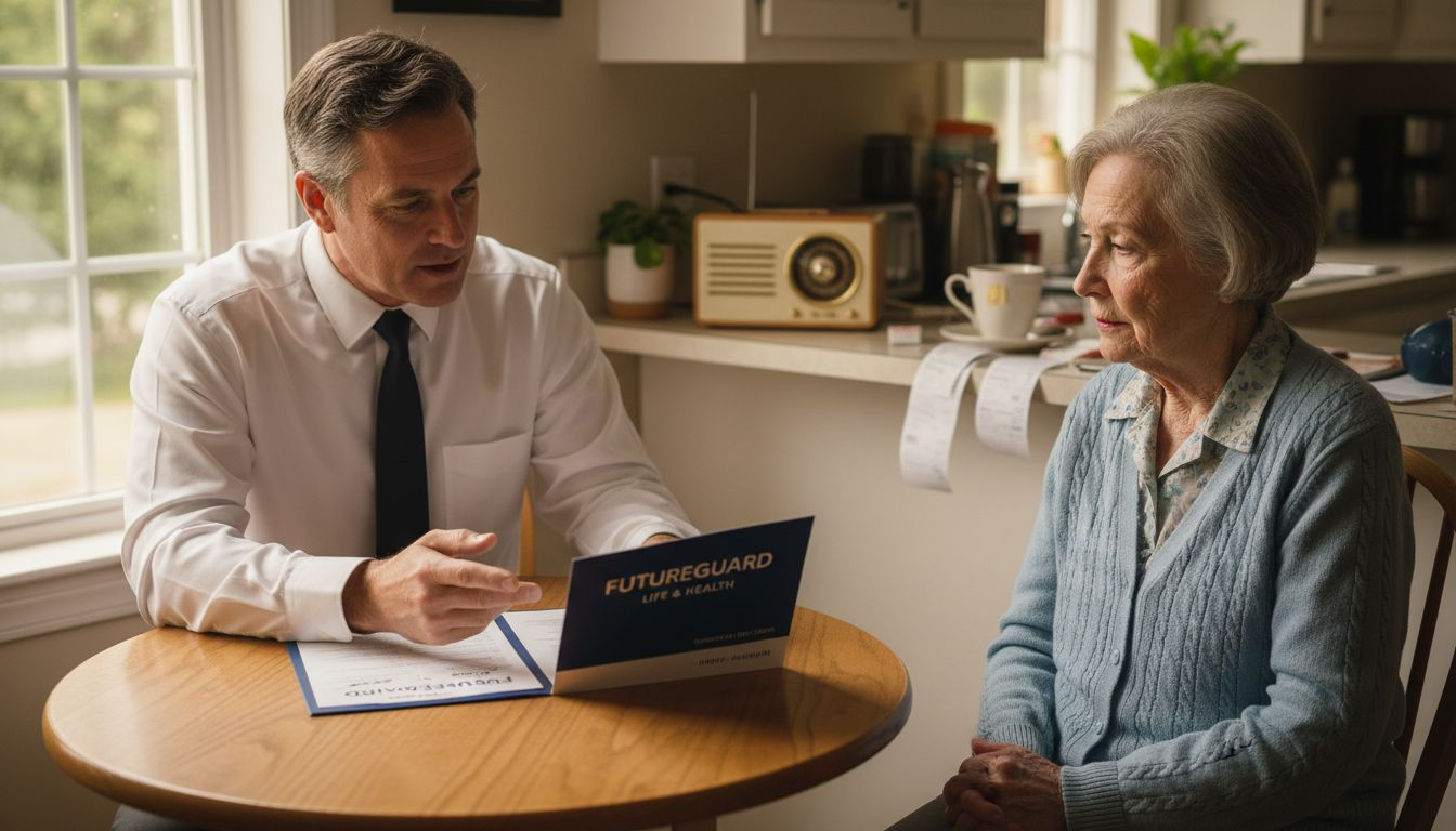 Agent explaining policy to attentive senior woman