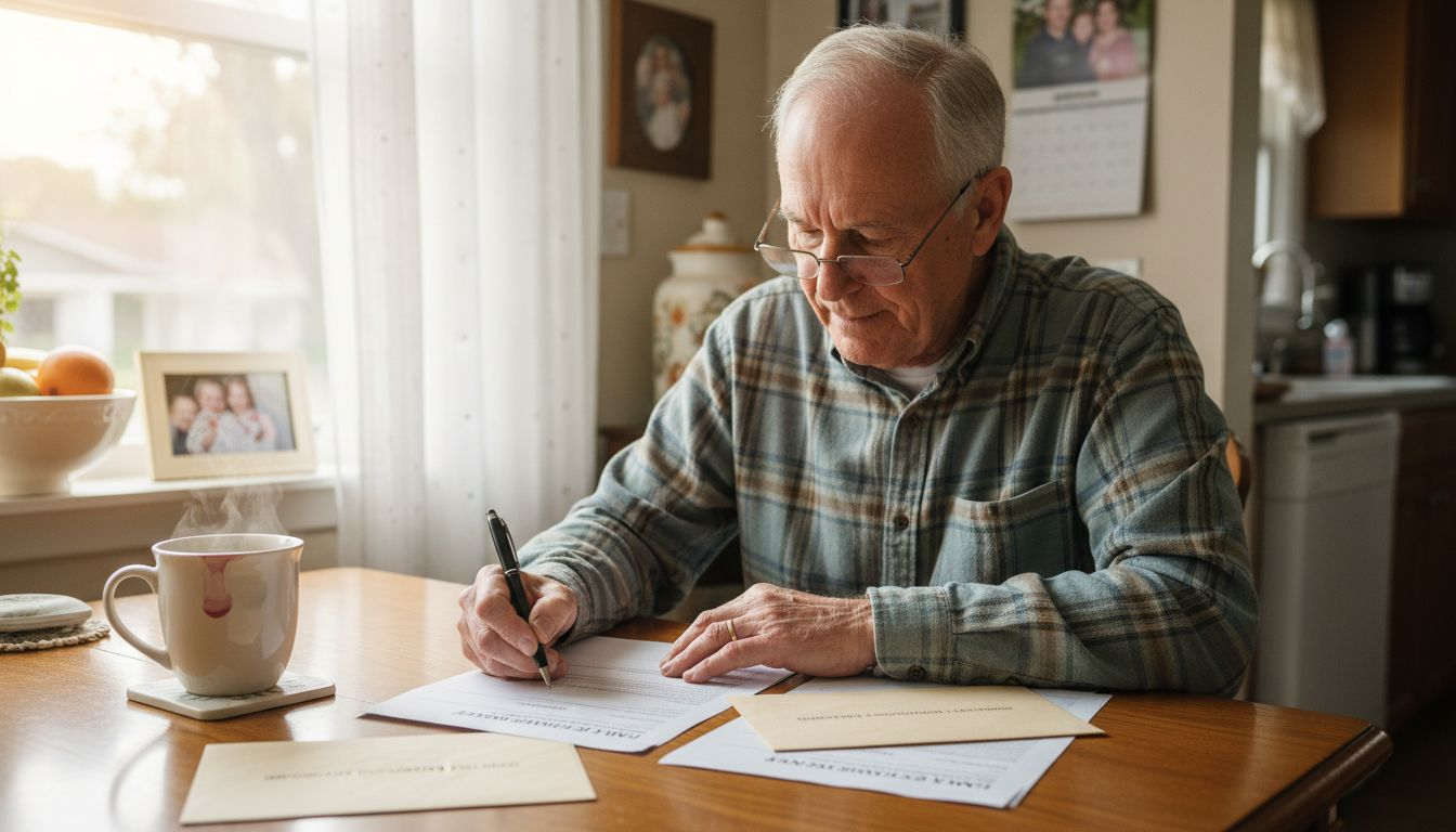 Senior completing insurance forms at kitchen table