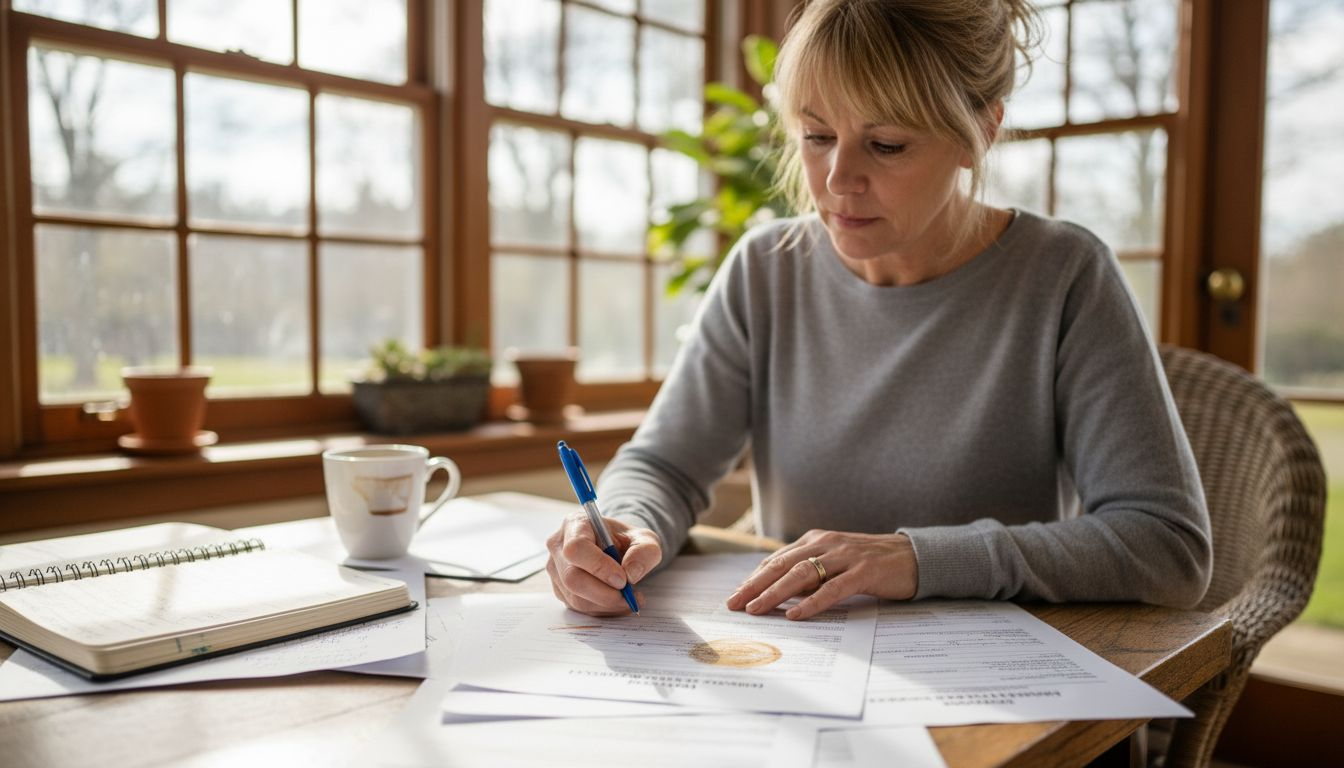 Middle-aged woman reviewing insurance paperwork