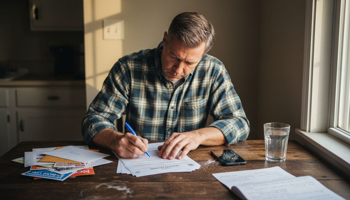 Man signing term life policy forms
