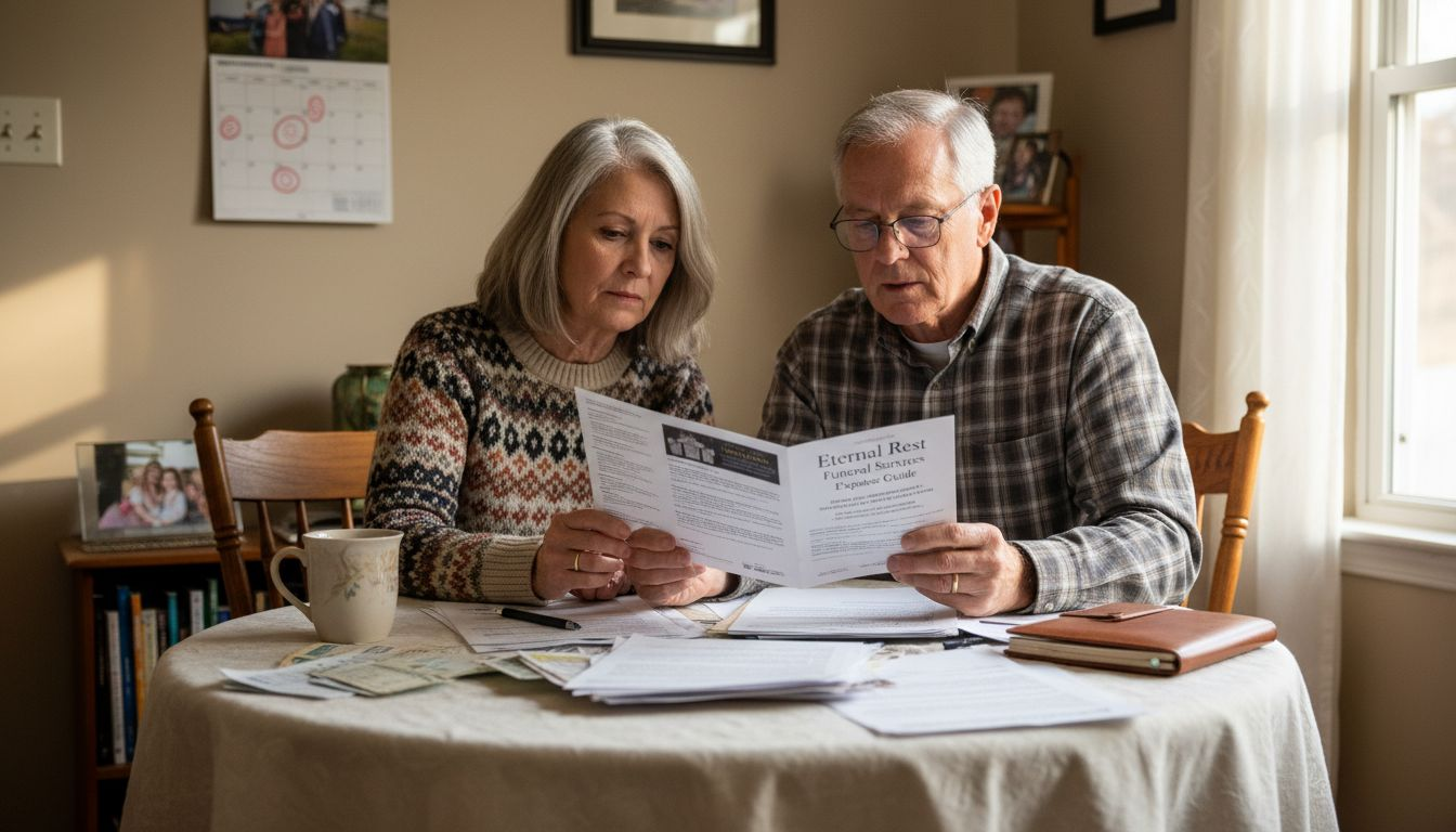 Couple reviewing funeral expense paperwork