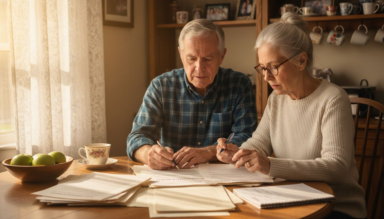 Elderly couple reviewing insurance paperwork at kitchen table