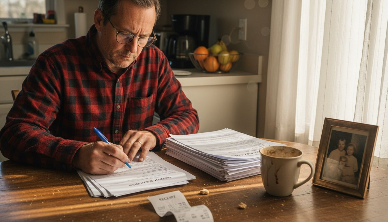 Man reviewing insurance forms at home