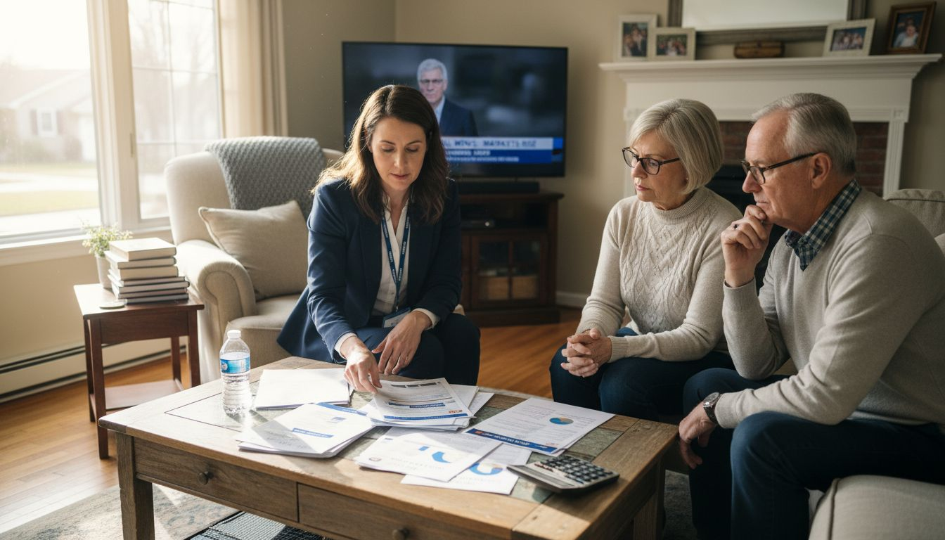 Agent explaining insurance policy types to couple
