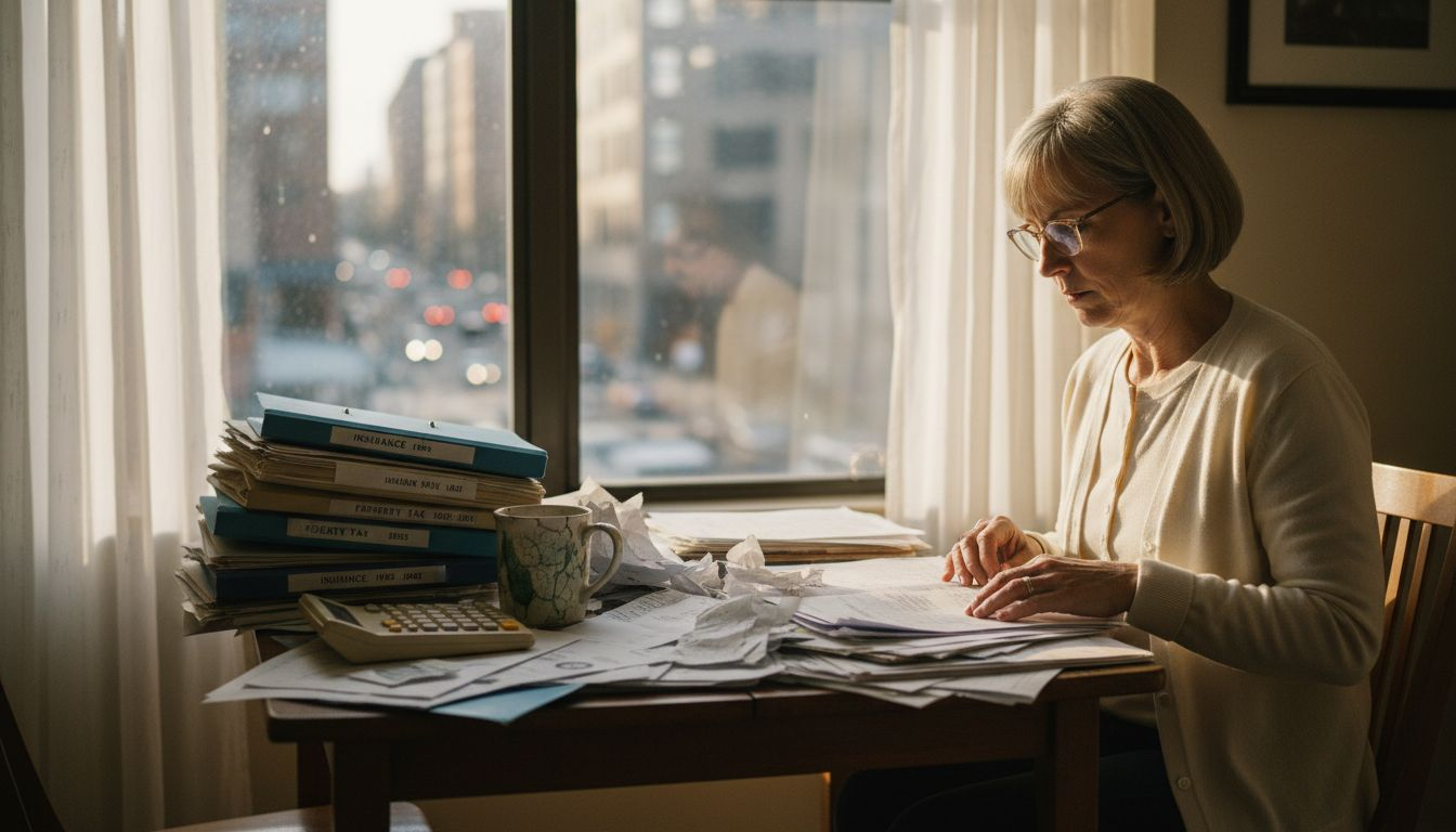 Older woman sorting outdated insurance paperwork