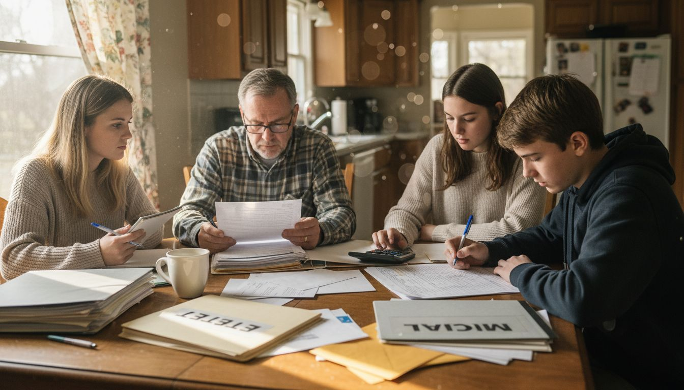 Family reviewing bills at kitchen table