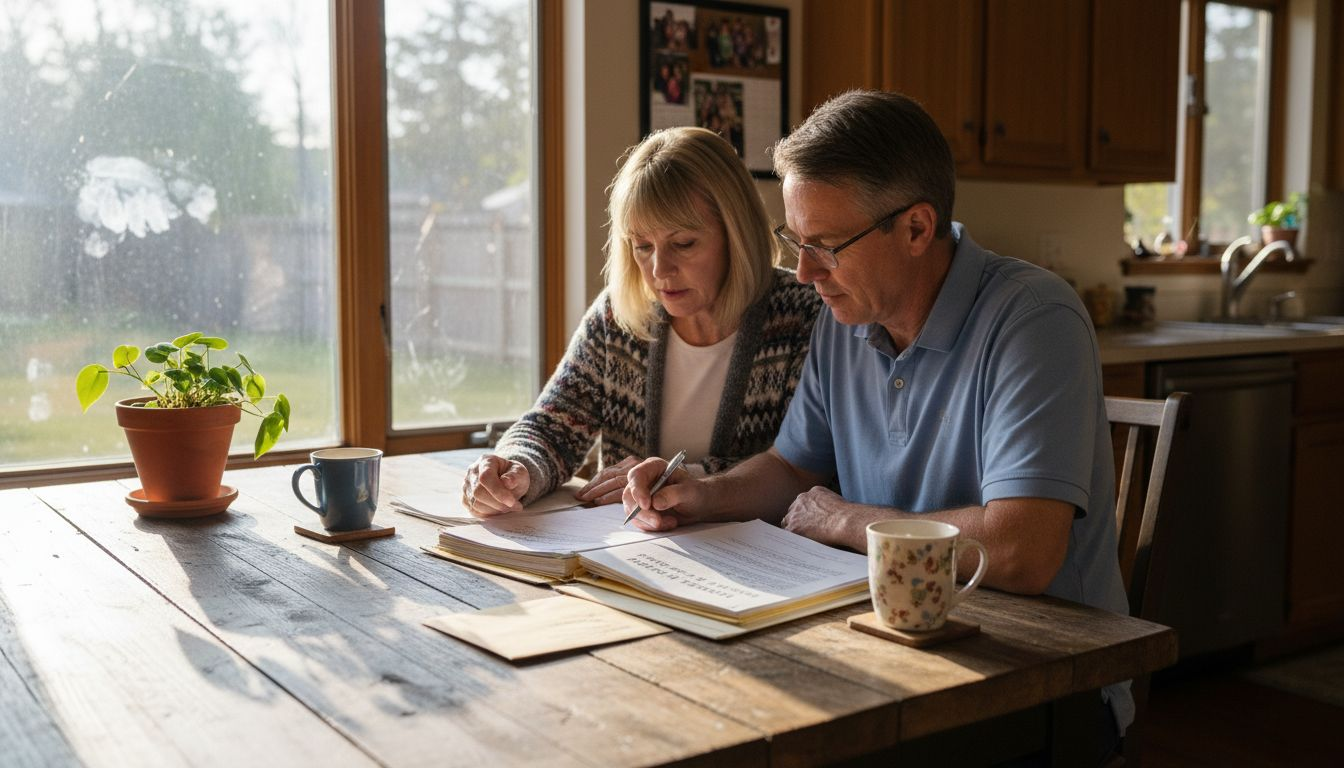 Couple reviewing funeral cost paperwork at table