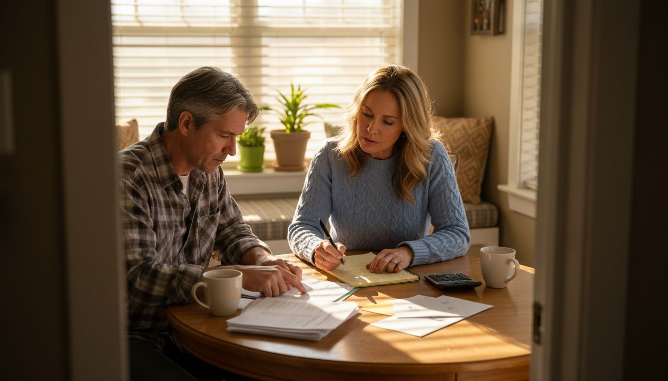 Couple reviews insurance documents at kitchen table
