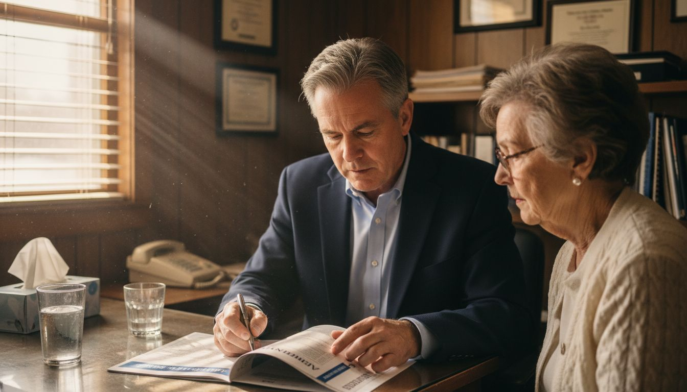 Insurance agent explains policy to elderly client
