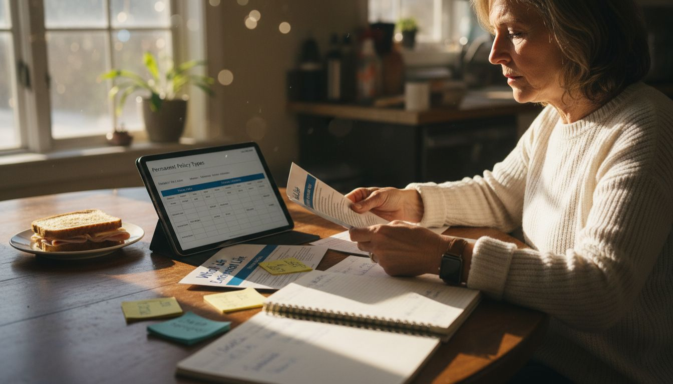 Woman comparing life policy brochures at home