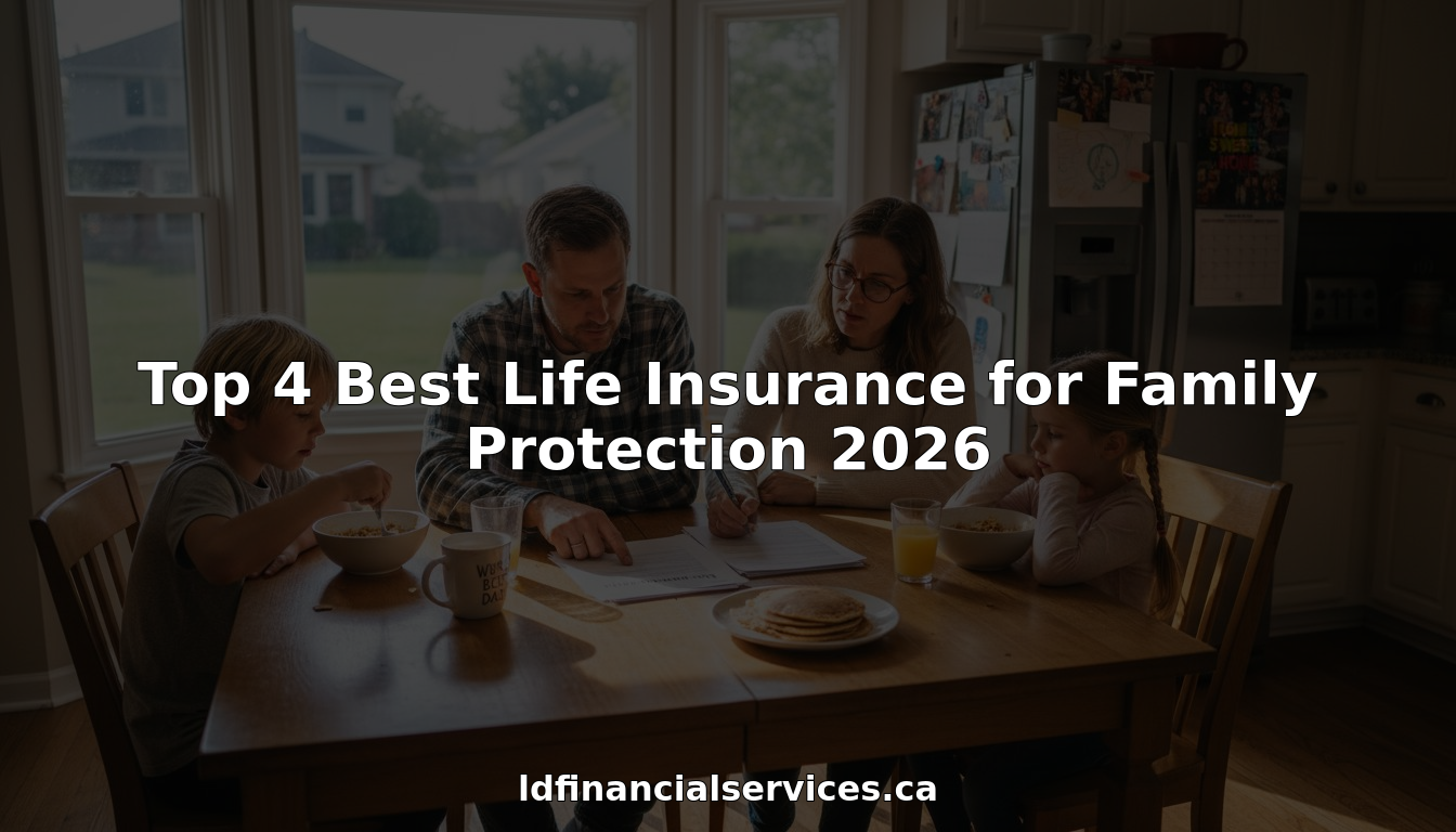 Family reviewing life insurance papers at kitchen table