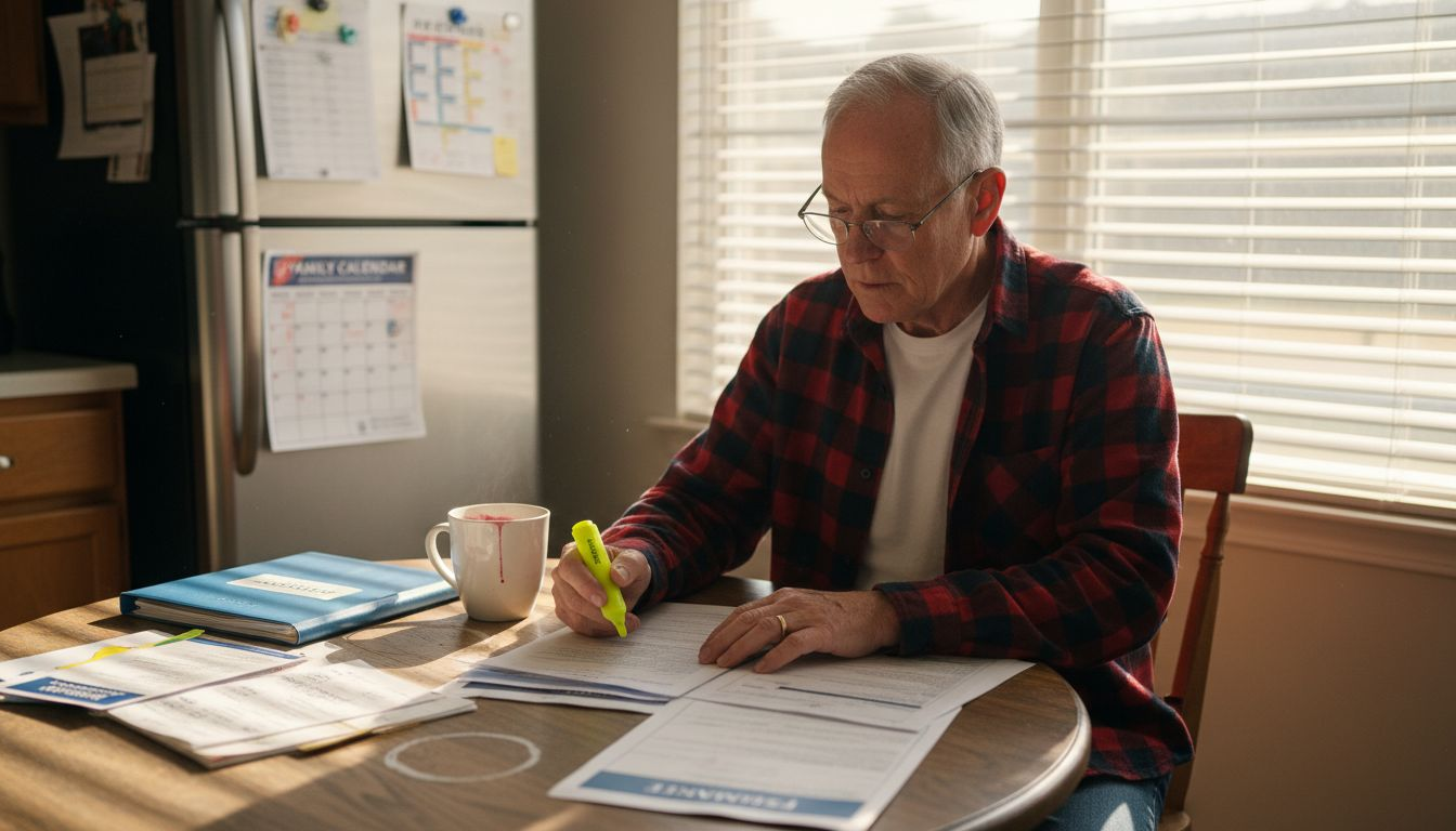 Senior man reviewing insurance documents at table