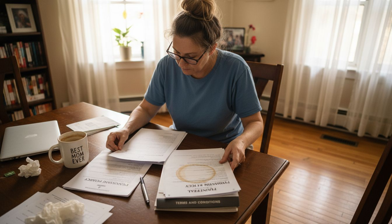 Woman reviewing funeral insurance paperwork