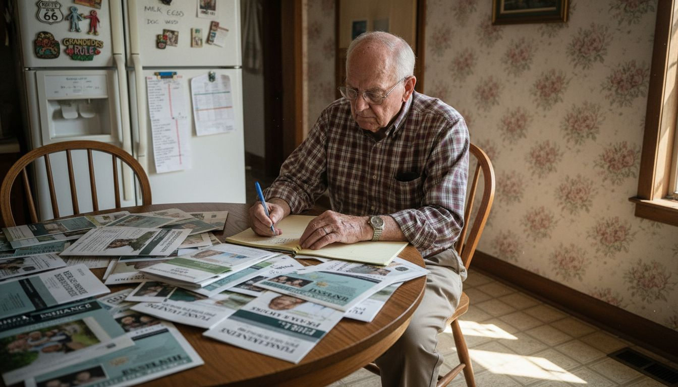 Man comparing funeral insurance policy options