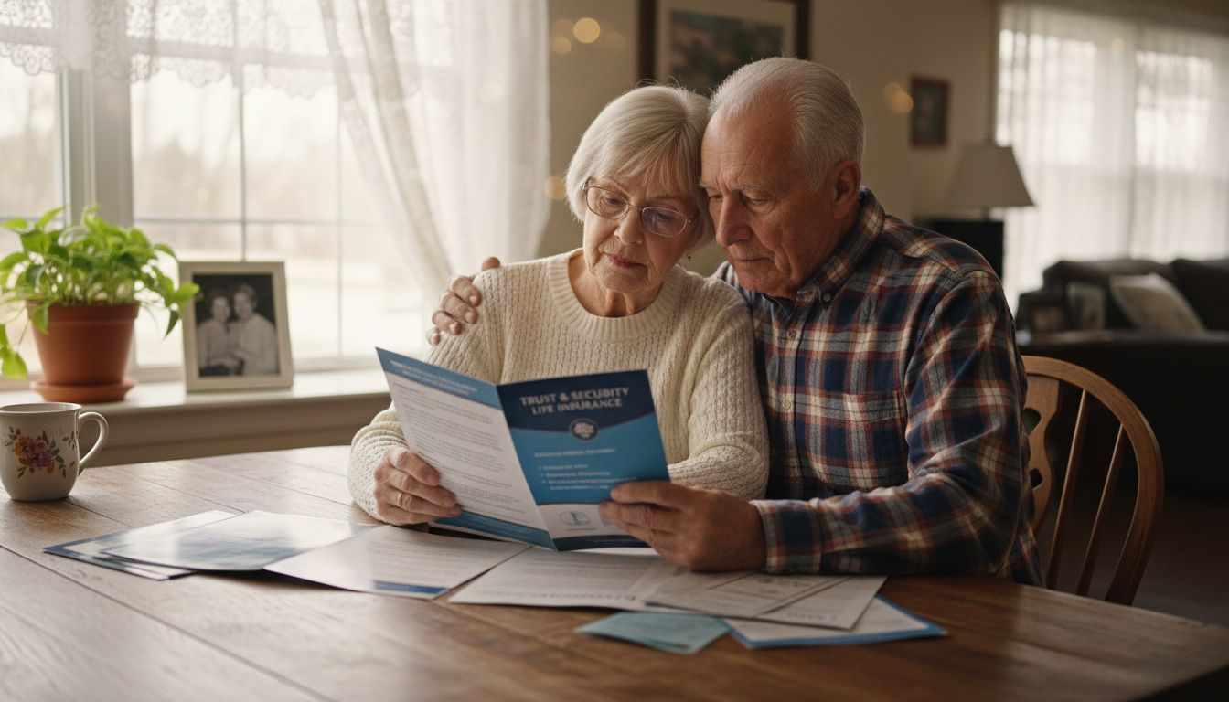Senior couple reading insurance brochures